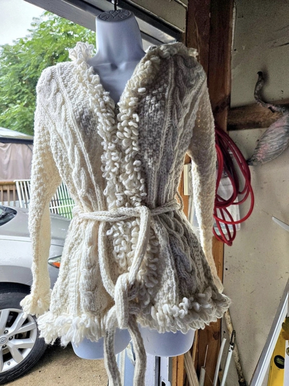 Cable Knit Fringe Wrap Cardigan in Cream & Brown